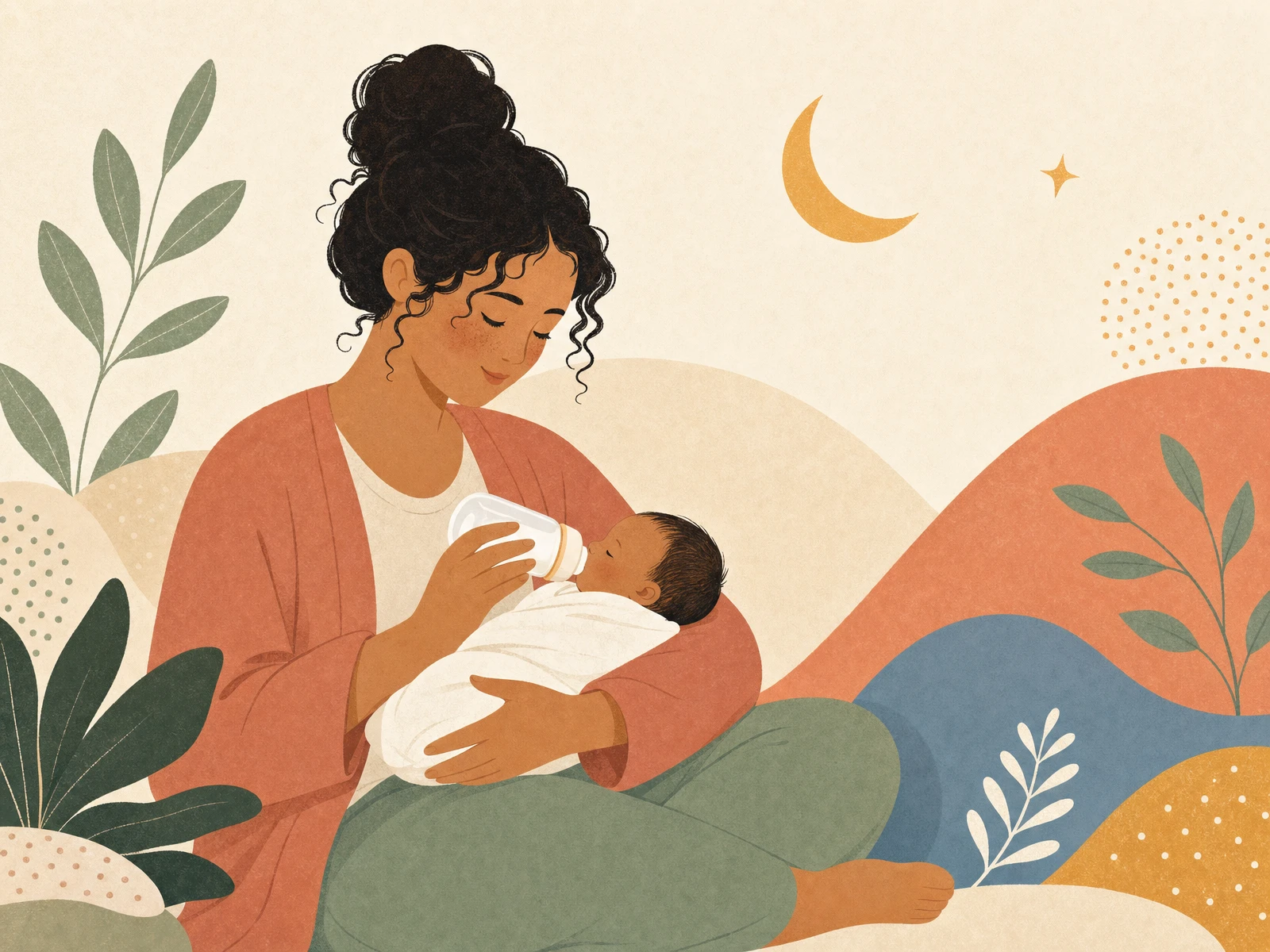 Warm illustration of a parent feeding a newborn among soft botanical shapes.